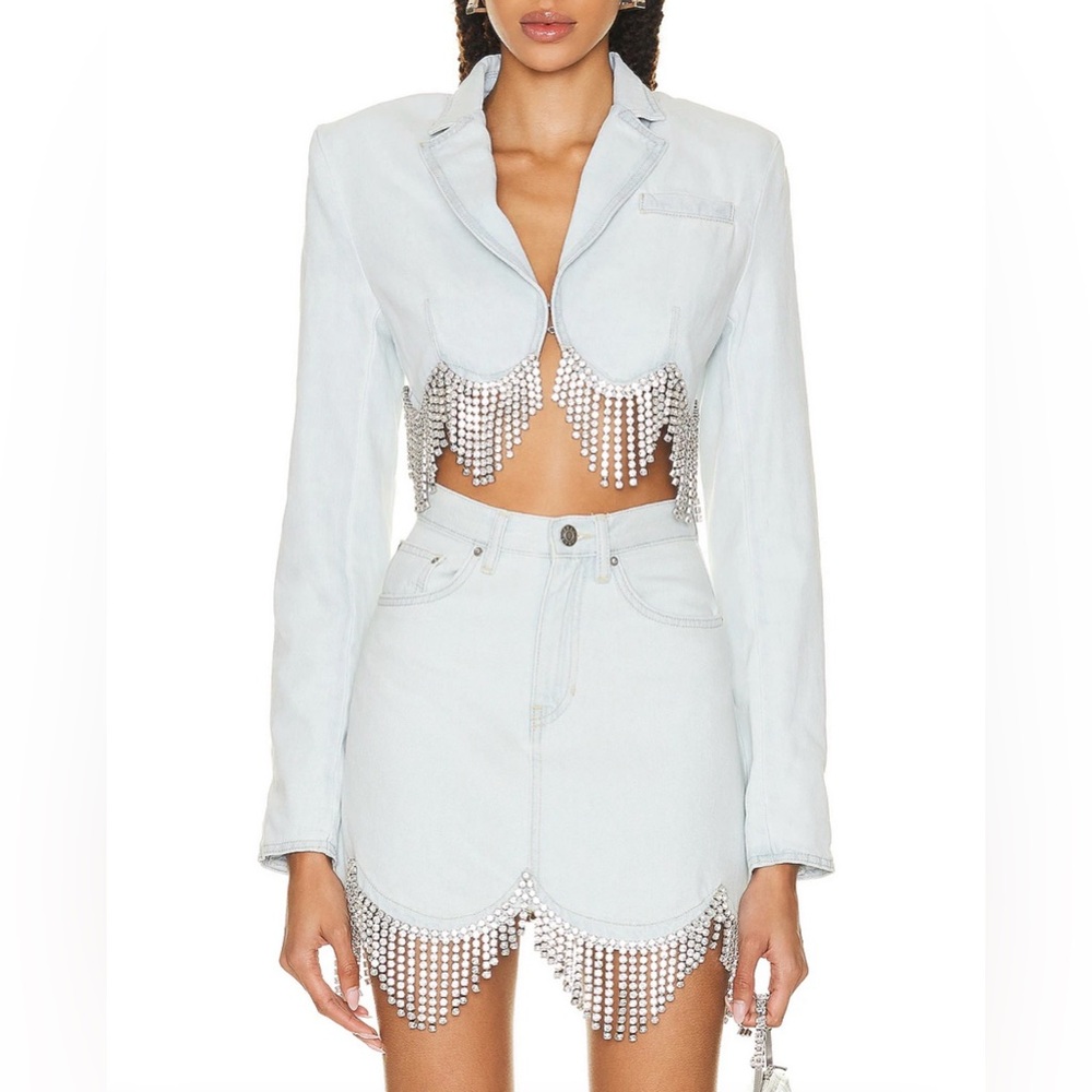 AREA Scalloped Crystal Embellished Cropped Denim Jacket in Pale Blue